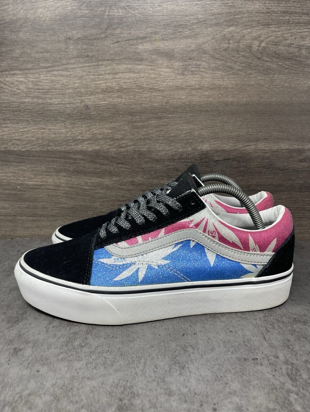 Vans Old Skool Platform Size 10 Womens Black Pink Blue Glitter Skate Sneakers
